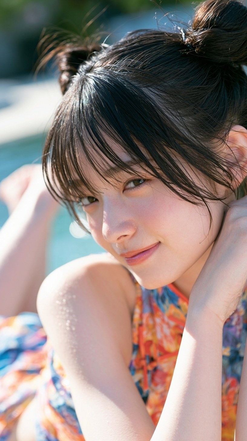 Une jeune femme porte une robe sans manches à fleurs au bord de la piscine