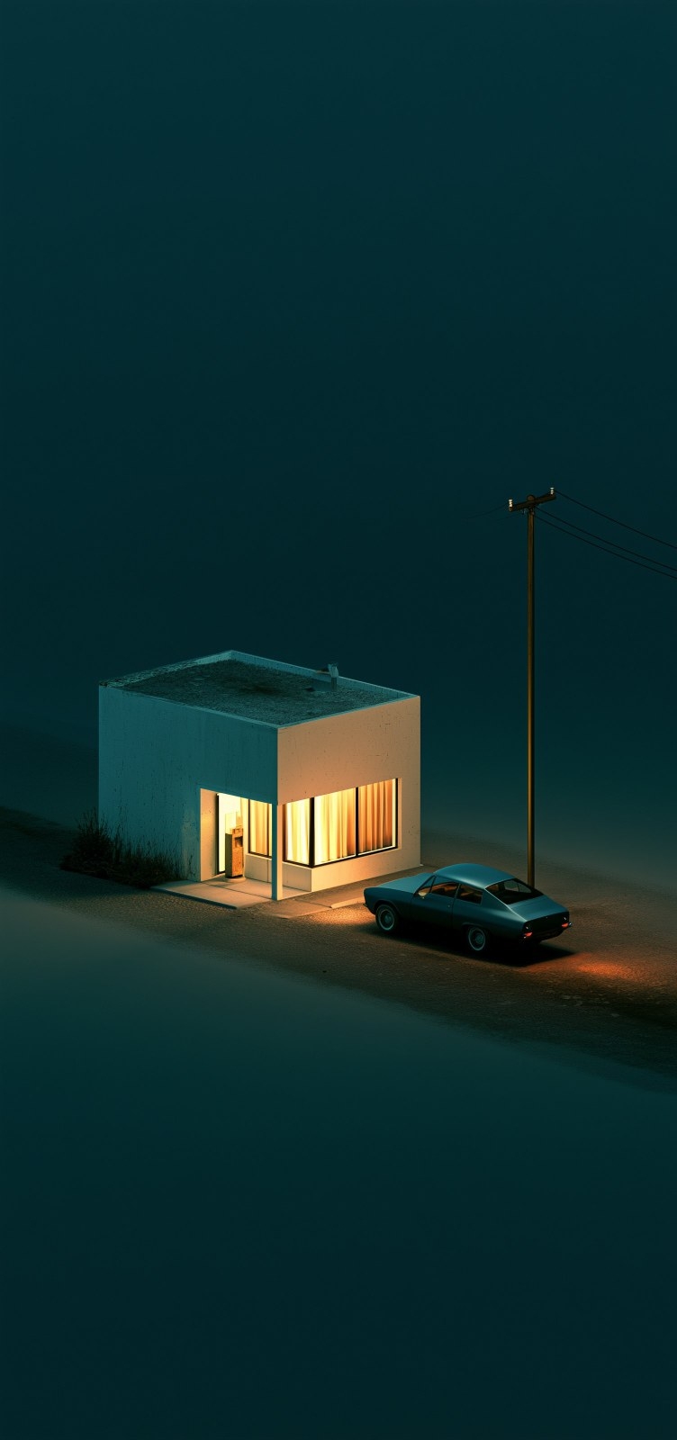 Um edifício cúbico de concreto isolado emite luz quente na noite