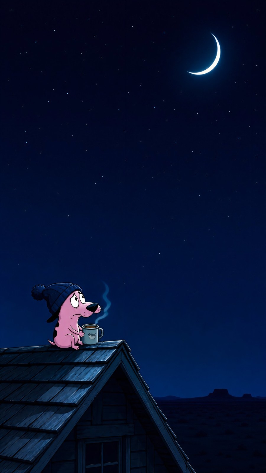 Un chien rose est assis tranquillement sur un toit bleu foncé