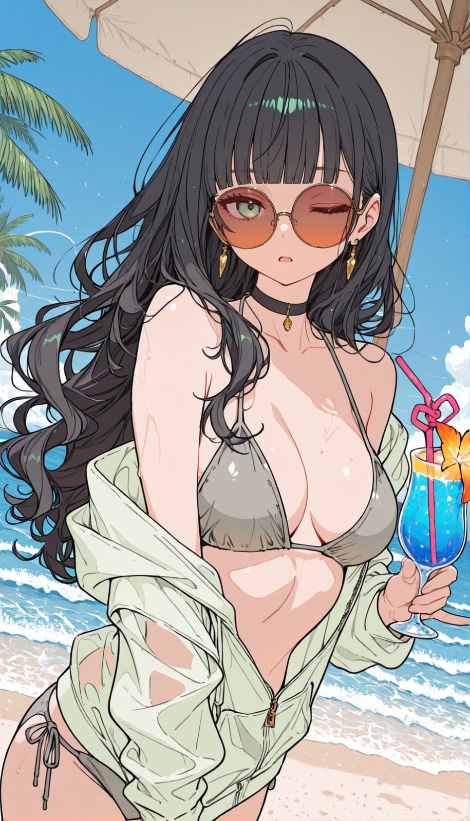 A woman with long black curly hair at the beach wearing a gray-green bikini and a zip jacket holding a blue drink