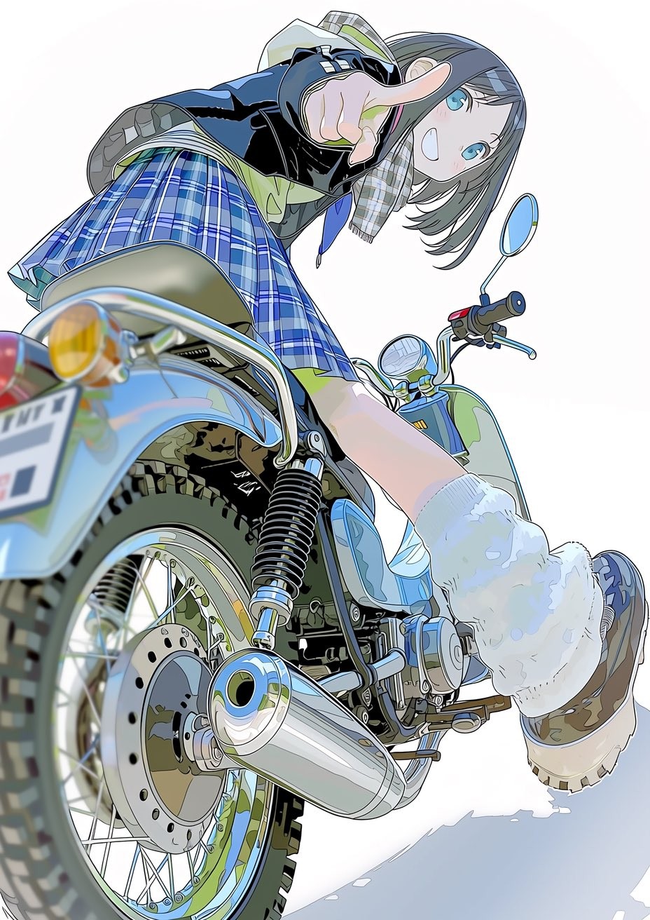 A female character sits on a vintage motorcycle showcasing vibrant anime aesthetics