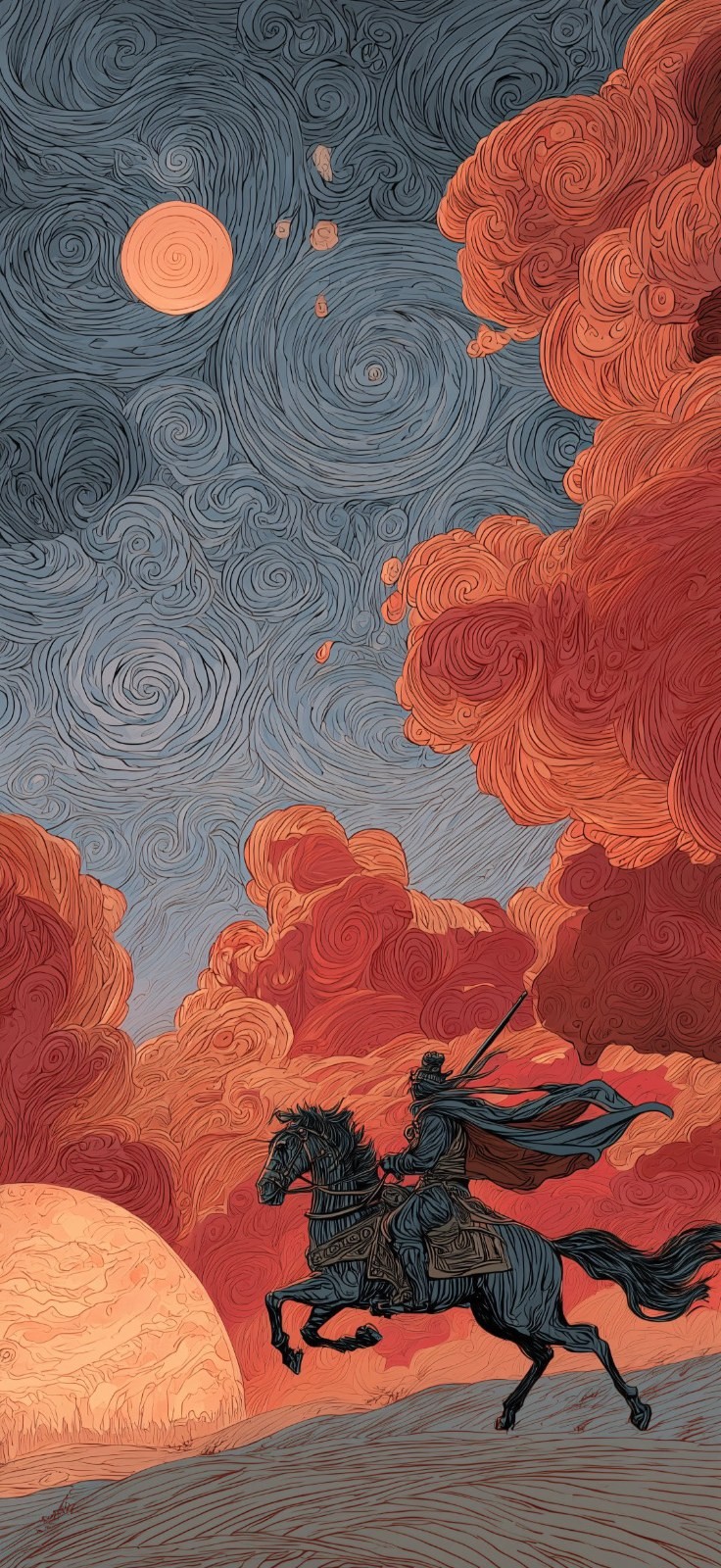 A knight rides across the wilderness with a spear, and the scene has an epic atmosphere
