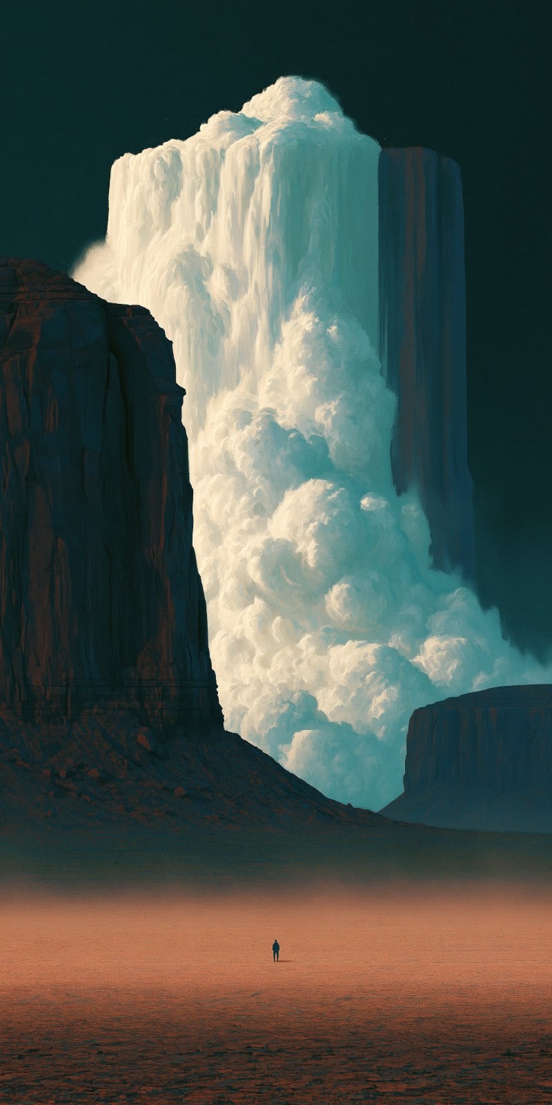In the reddish-brown wilderness, a figure stands alone between towering rock walls and a grand white cloud waterfall