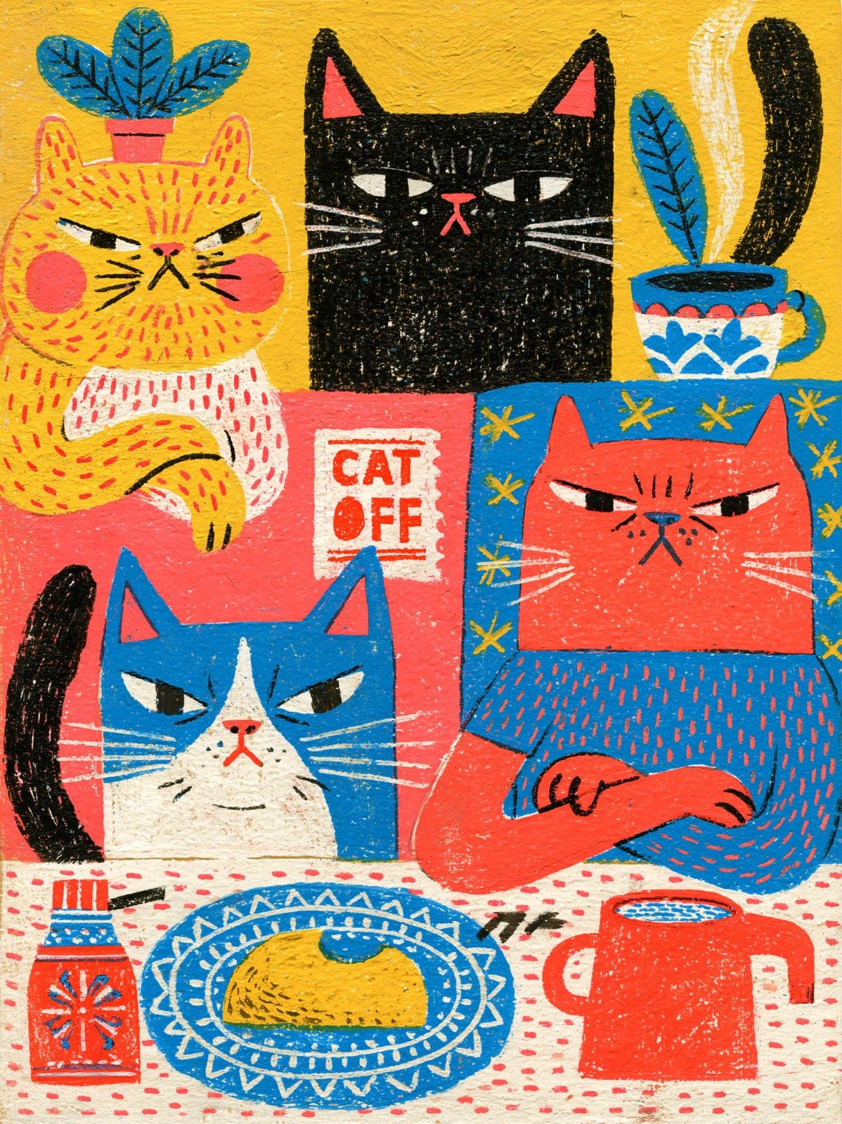 Four disgruntled cats are gathered around a table