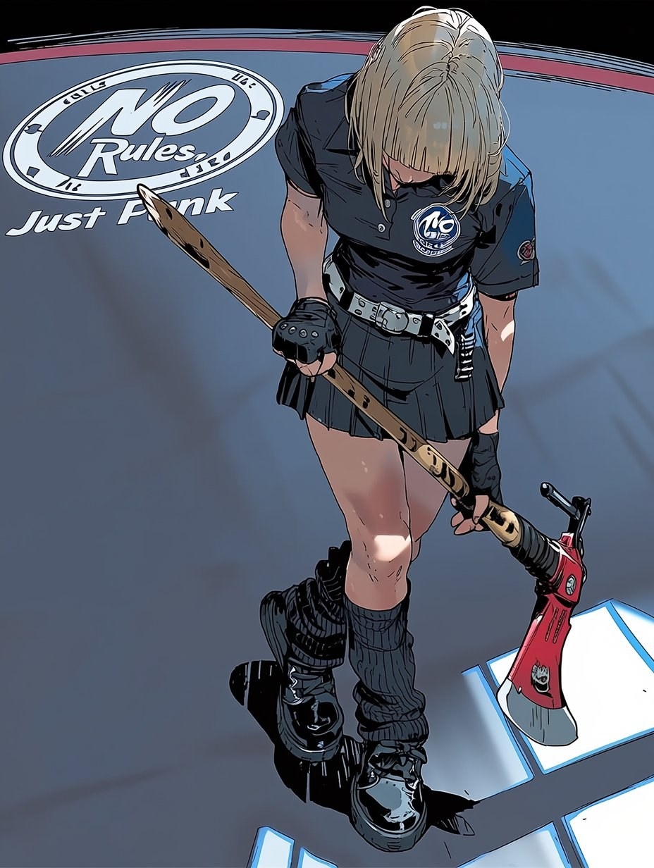 Eine blonde Frau trägt eine schwarze Uniform und einen Rock und hält eine Langstielachs
