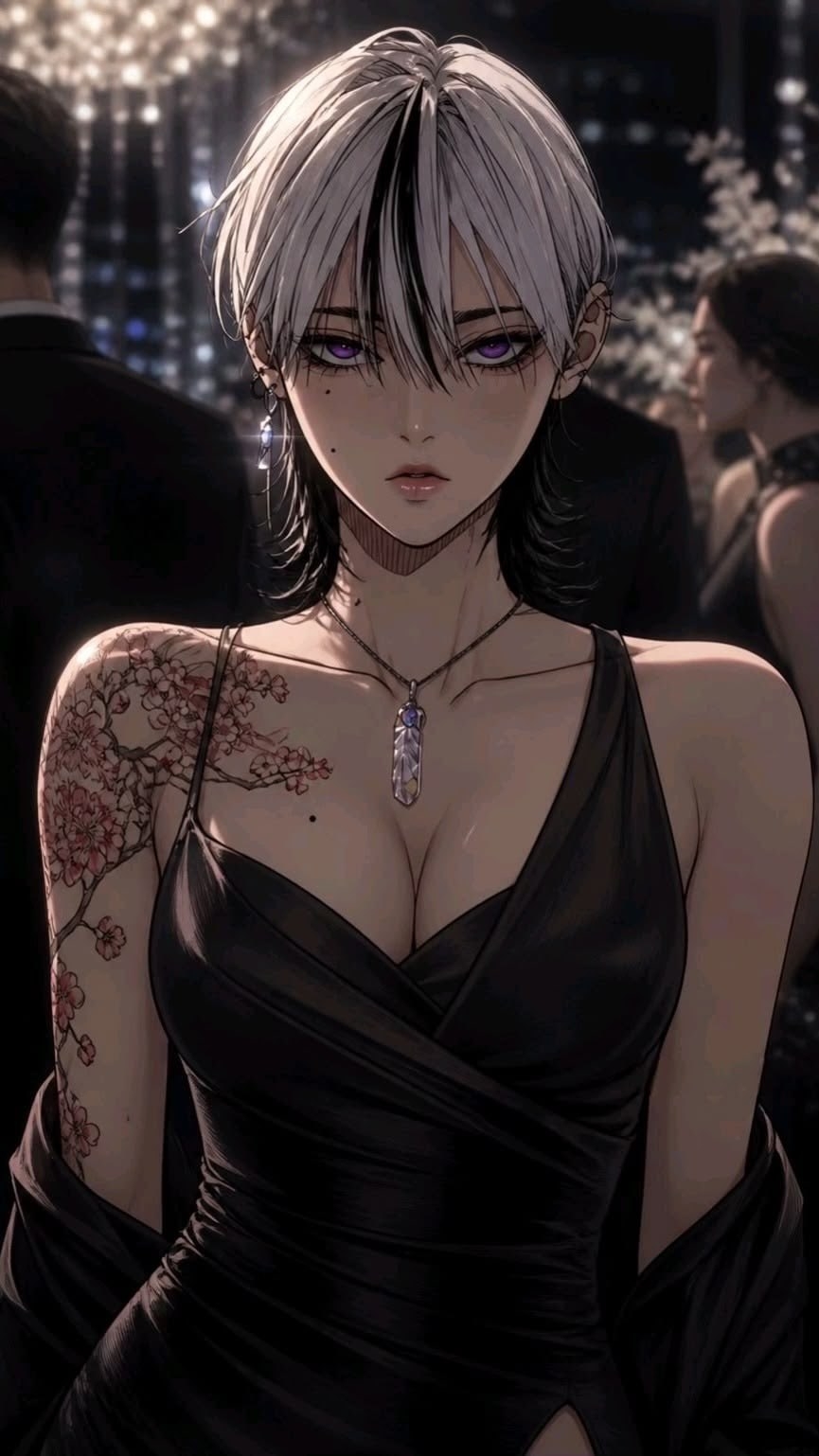 Eine Frau in einem schwarzen Deep-V-Kleid mit kurzes Haar in Silber und Schwarz, kalten violetten Augen, einem Kristallanhänger um den Hals und einem Kirschblüten-Tattoo auf der rechten Schulter