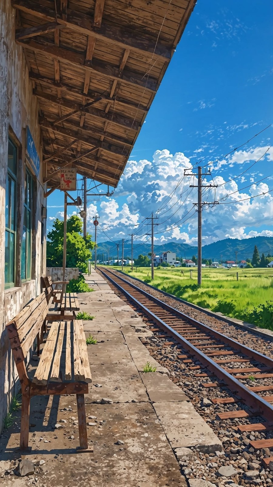 La escena muestra el hermoso paisaje de una tranquila estación de tren en el campo