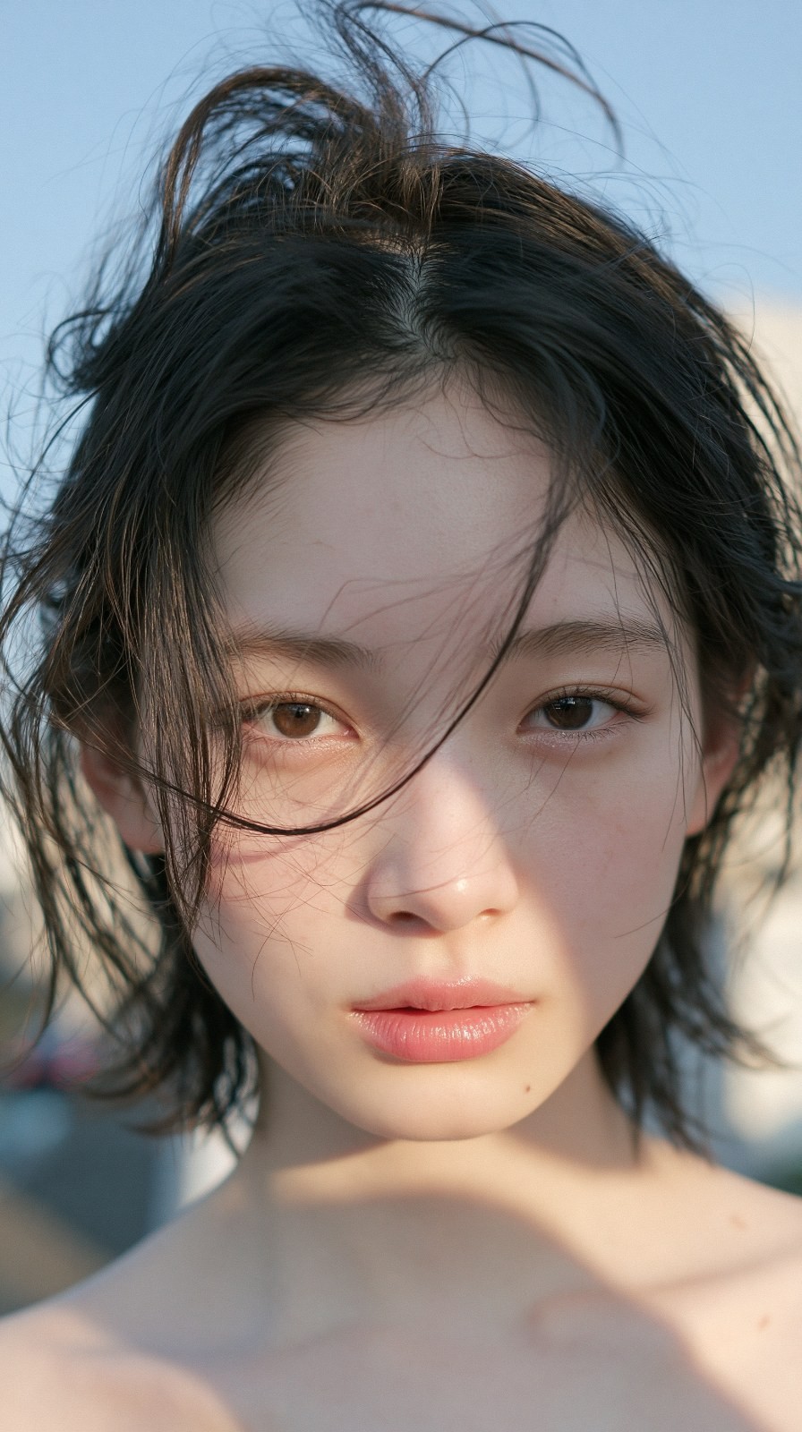 햇살 아래 야외에서 촬영된 젊은 여성의 초상