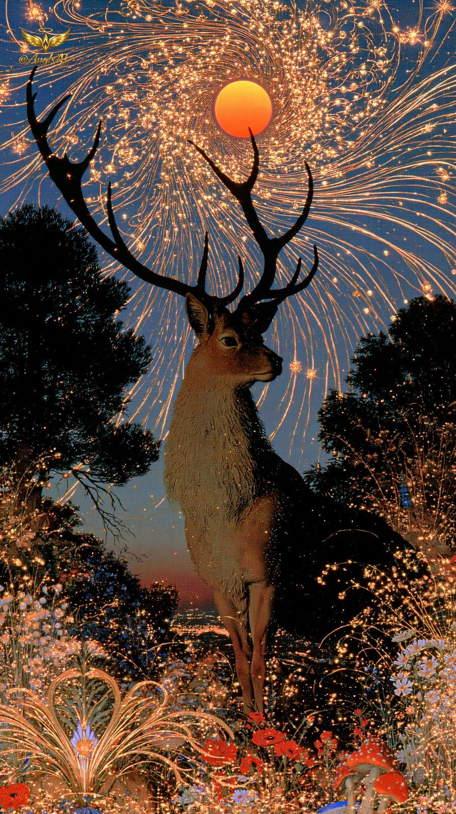 A deer stands in a fantastical forest
