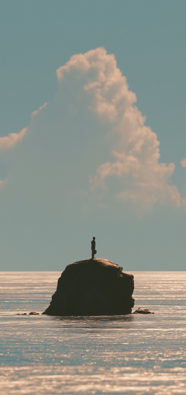 Una figura está de pie en la cima de una roca solitaria en el mar