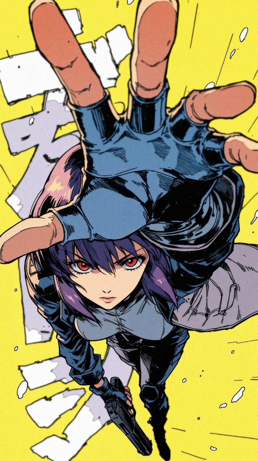 A purple-haired, red-eyed female character dives from the sky, reaching out with her left hand and aiming a gun while wearing a dark blue battle suit