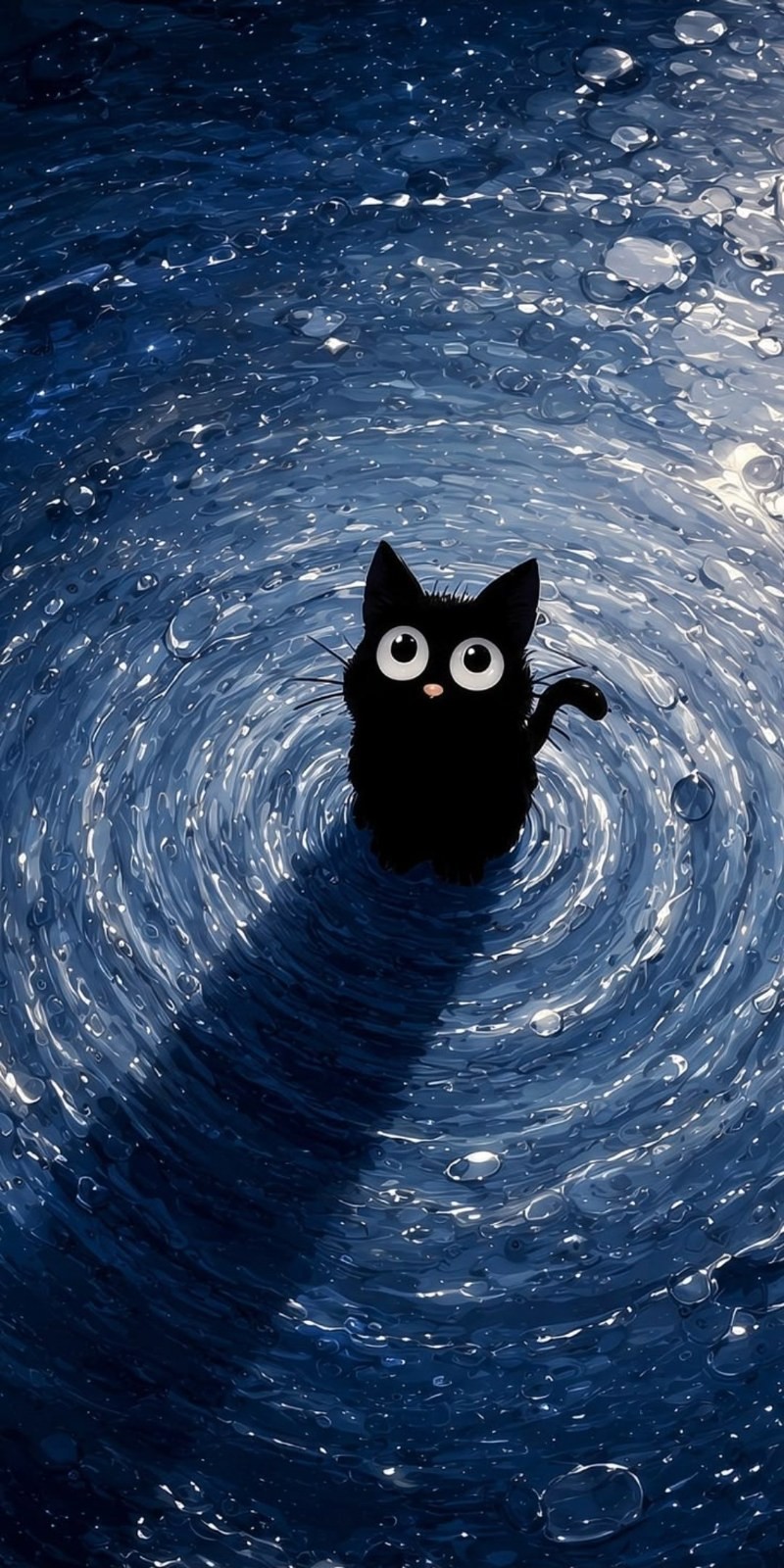 A black cartoon cat gazes up at the viewer from the center of a blue water vortex