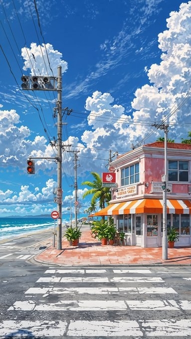 Esquina de playa en estilo de animación japonesa