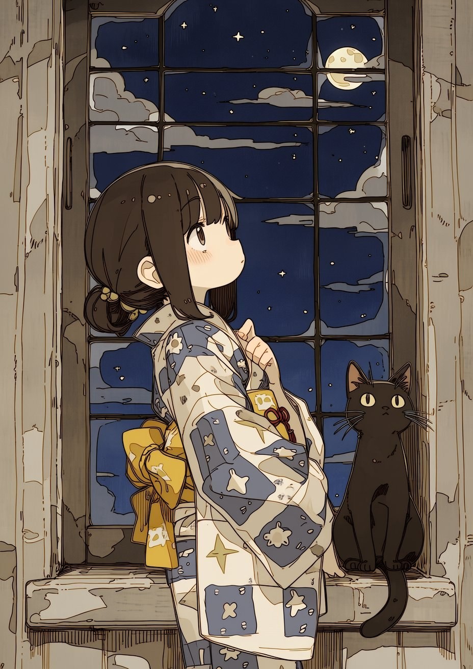 Une fille en kimono à motifs est assise sur le rebord de la fenêtre, regardant la lune et les étoiles