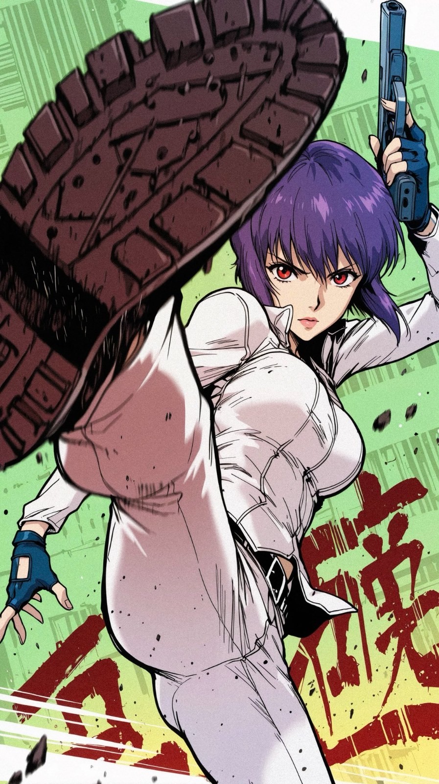 A woman with purple short hair and red eyes holds a gun in a kicking pose
