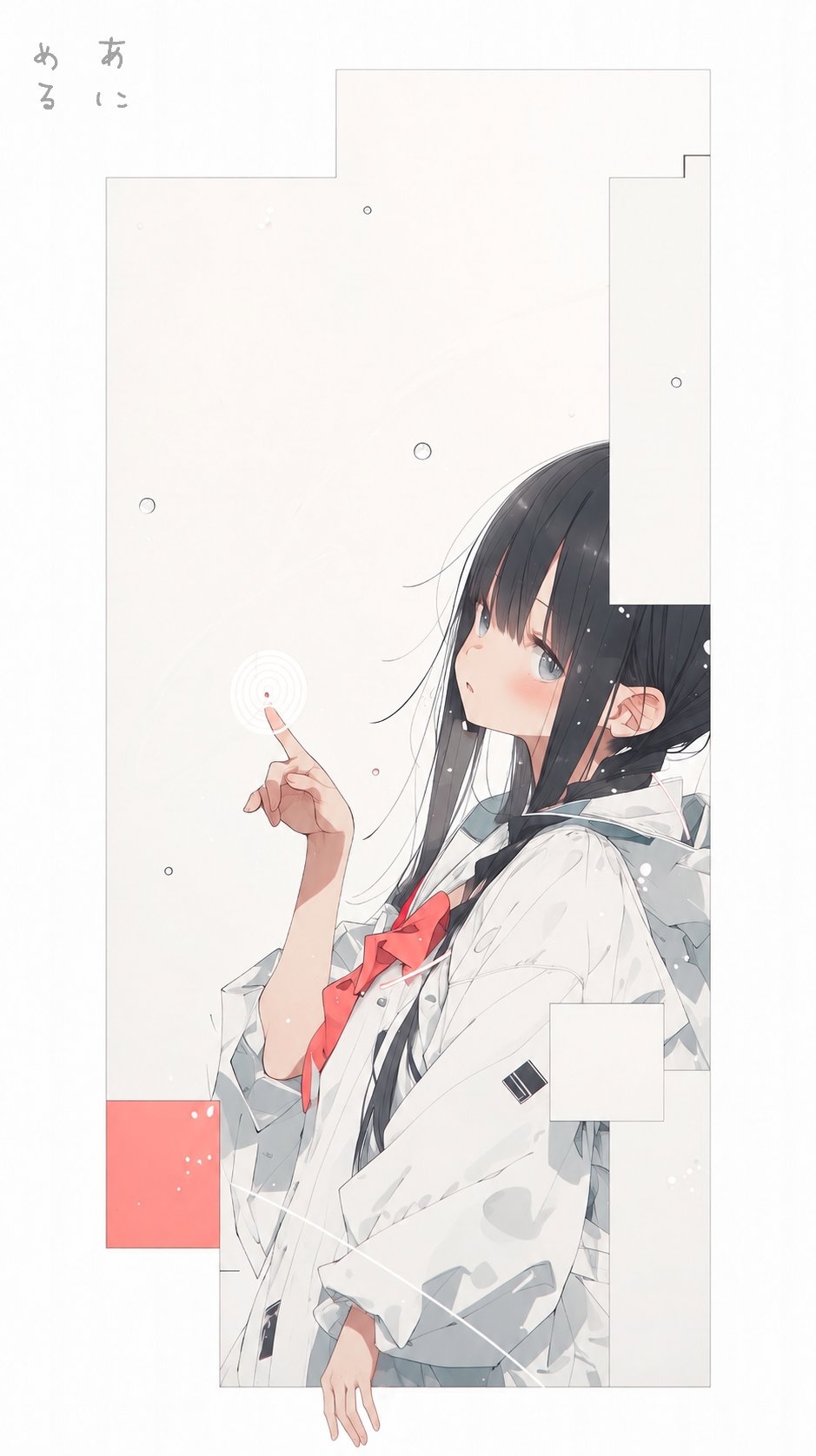 Fille de style anime avec de longs cheveux noirs et un nœud papillon rouge pointant vers l'avant avec sa main droite