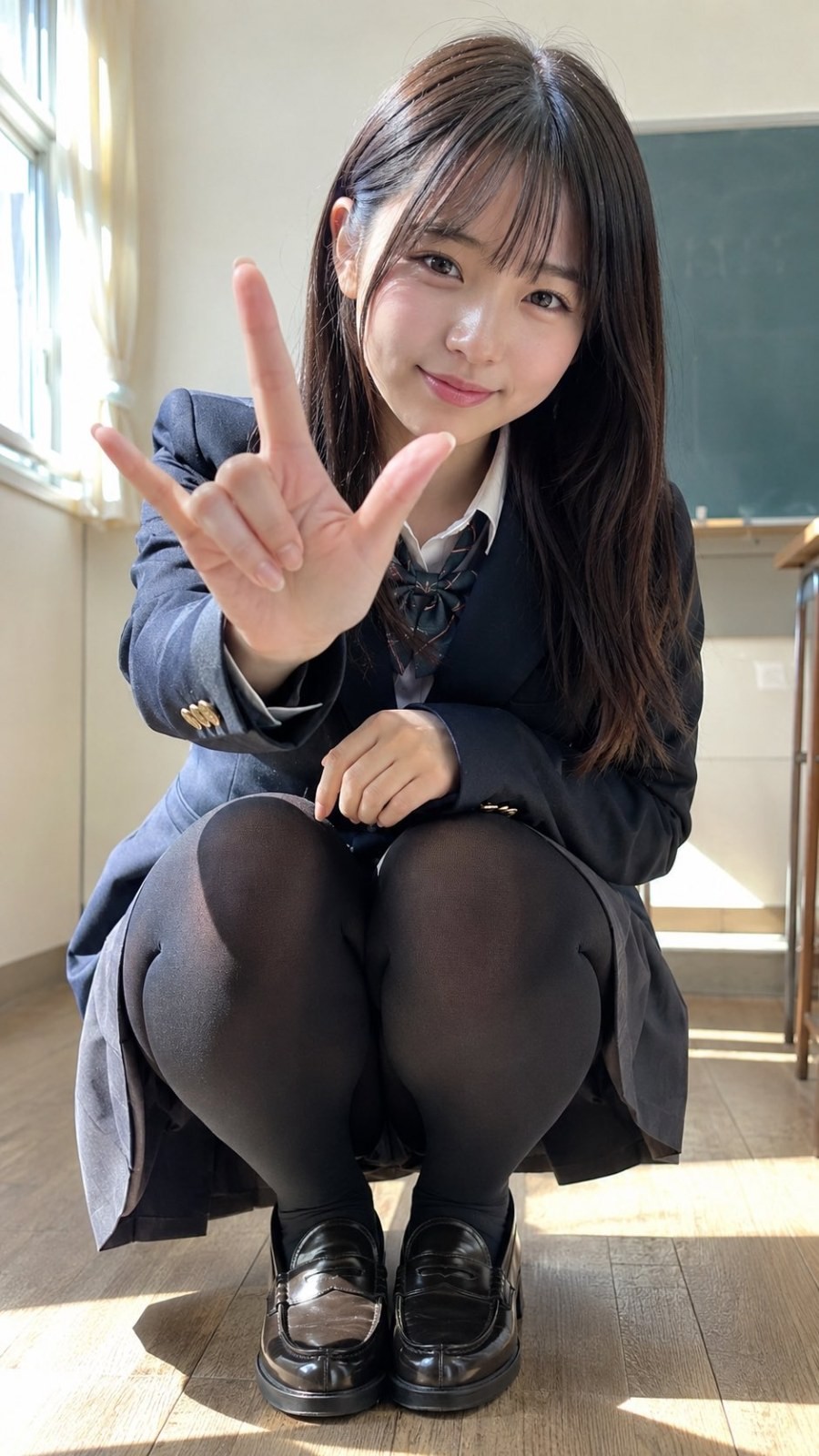 교실에서 미소를 지으며 V자를 그리는 교복을 입은 젊은 여성