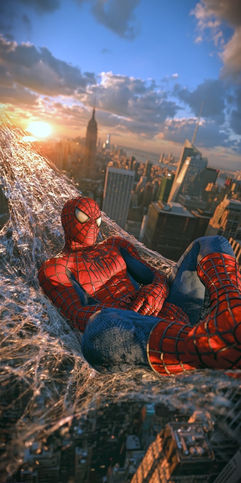 The character wears a red and blue grid bodysuit while relaxing on a web hammock at the edge of a skyscraper