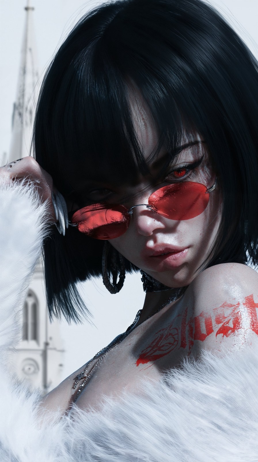 Una persona de cabello y ojos negros lleva un abrigo de piel blanca, gafas de sol rojas y un tatuaje de letras rojas
