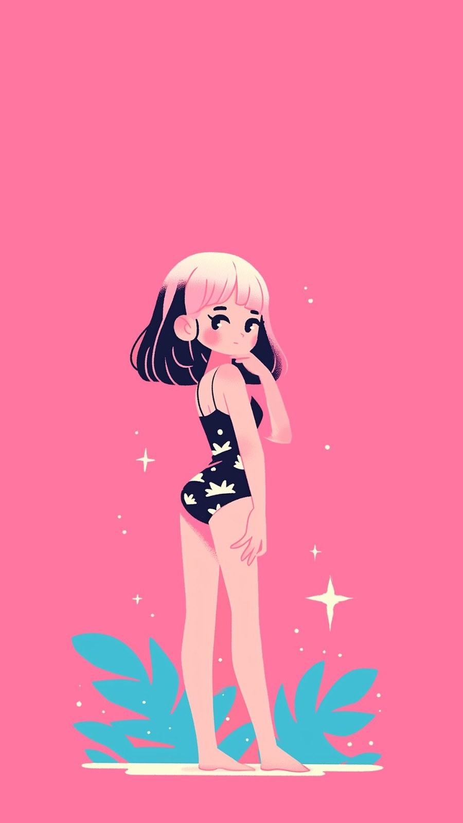 肩までの短い髪を持つ若い女性が黒いキャミソールのロンパースを着て、横を向いている