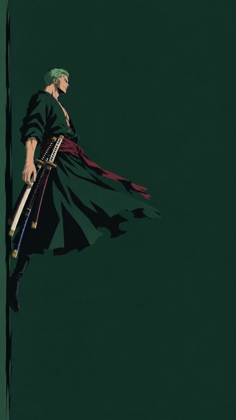 Un homme aux cheveux verts porte une longue robe verte sombre et porte trois katanas