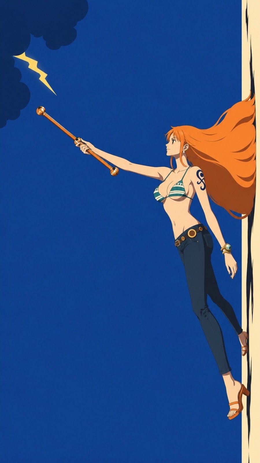 An orange-red haired female anime character floats in a deep blue sky wearing a blue and white striped bikini and dark skinny jeans