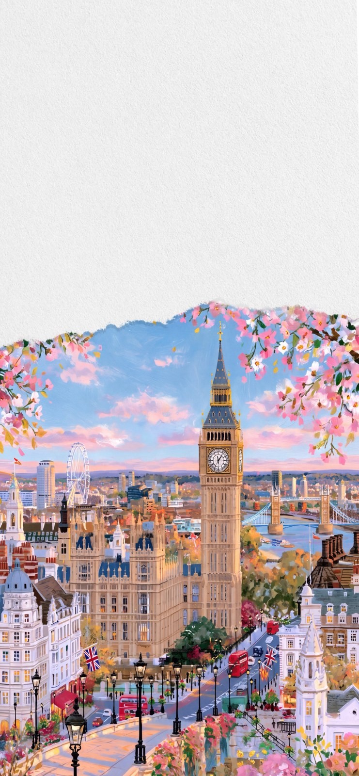 Hand-drawn panoramic view of London highlighting Big Ben and nearby buildings