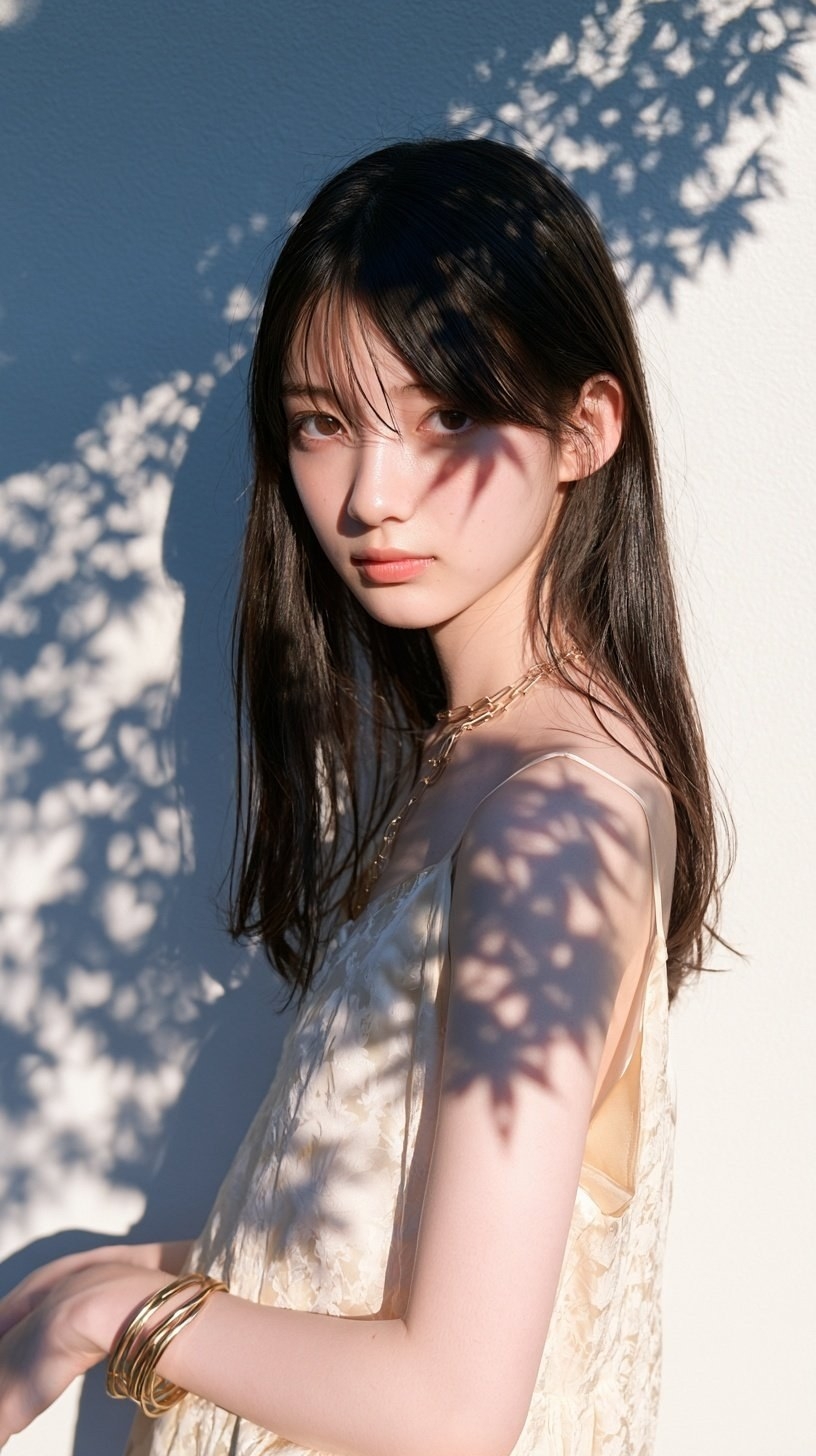 A young woman is wearing a cream lace slip dress