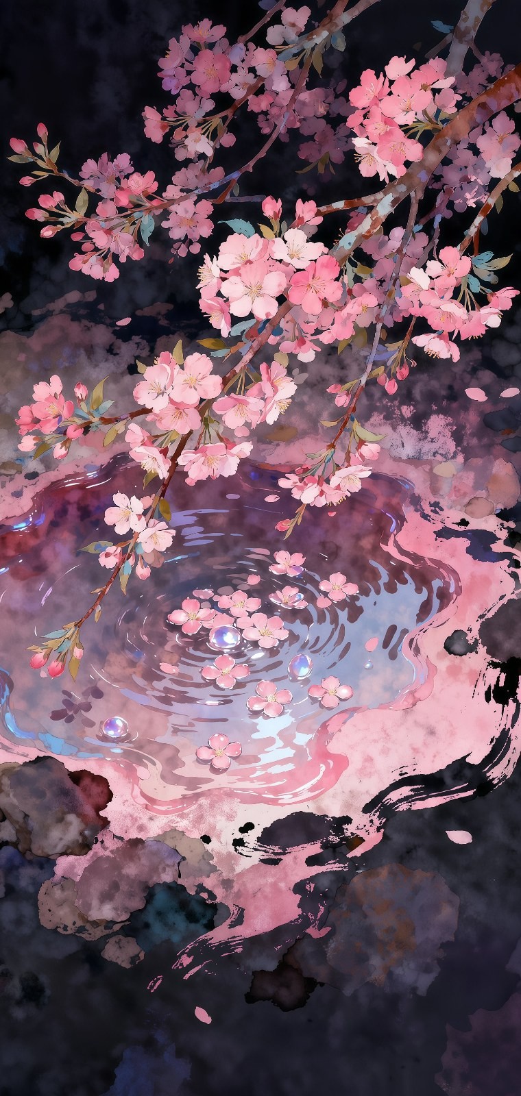 The cherry blossom branches thrive in the night, creating a dreamy Eastern ambiance