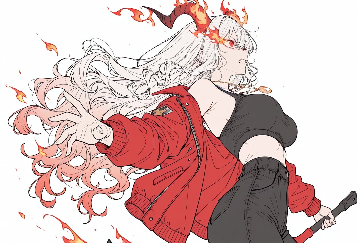 An angry white-haired red-eyed female character wears a red jacket with a black off-shoulder top and high-waisted pants