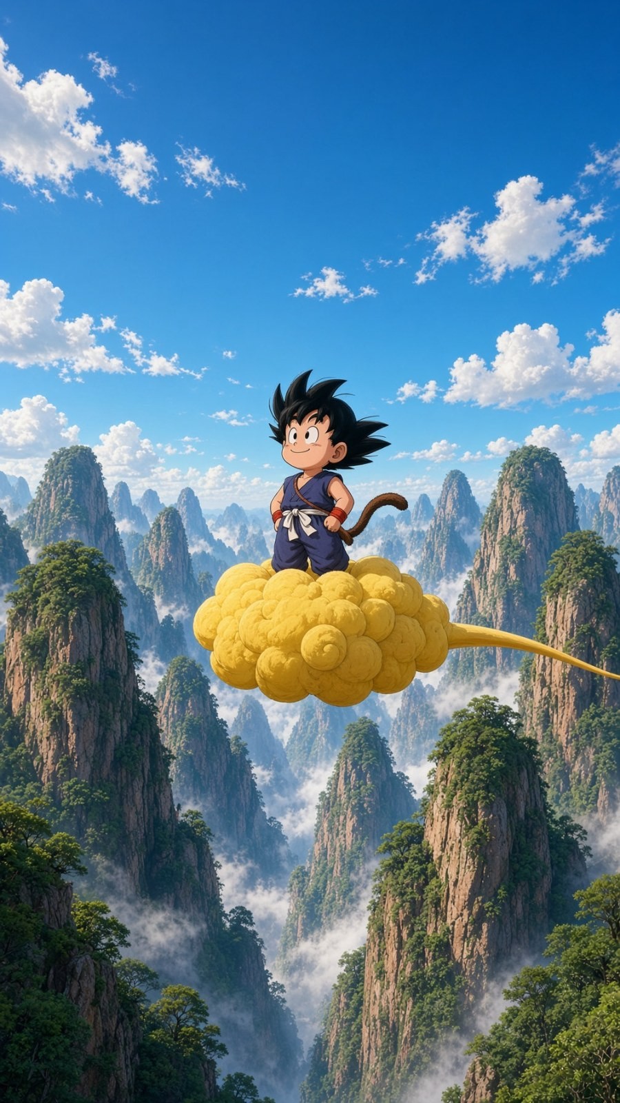 A black-haired child in a dark blue martial arts uniform stands smiling on a cloud