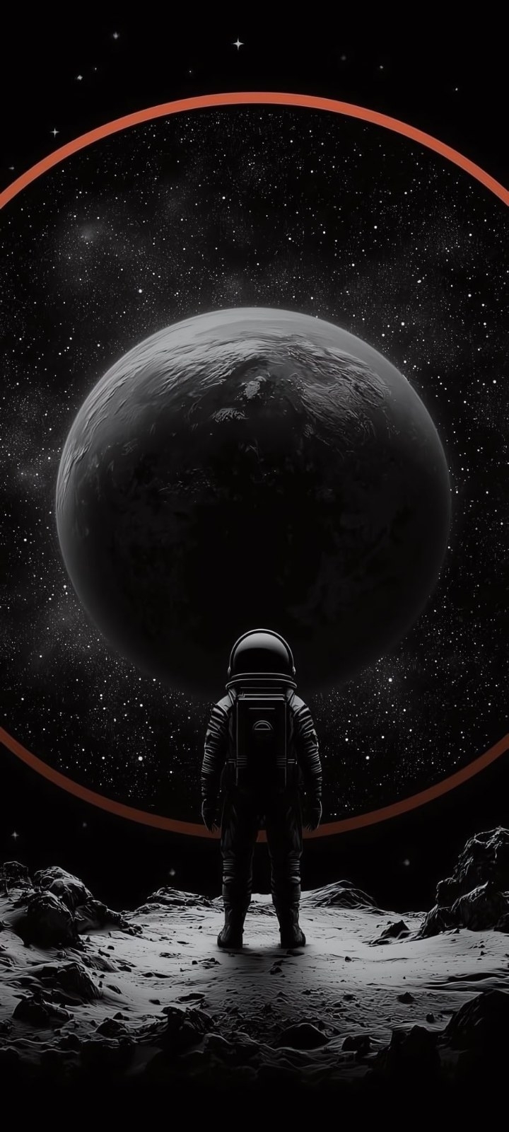 宇航员在岩石地表凝视星空中的巨大行星