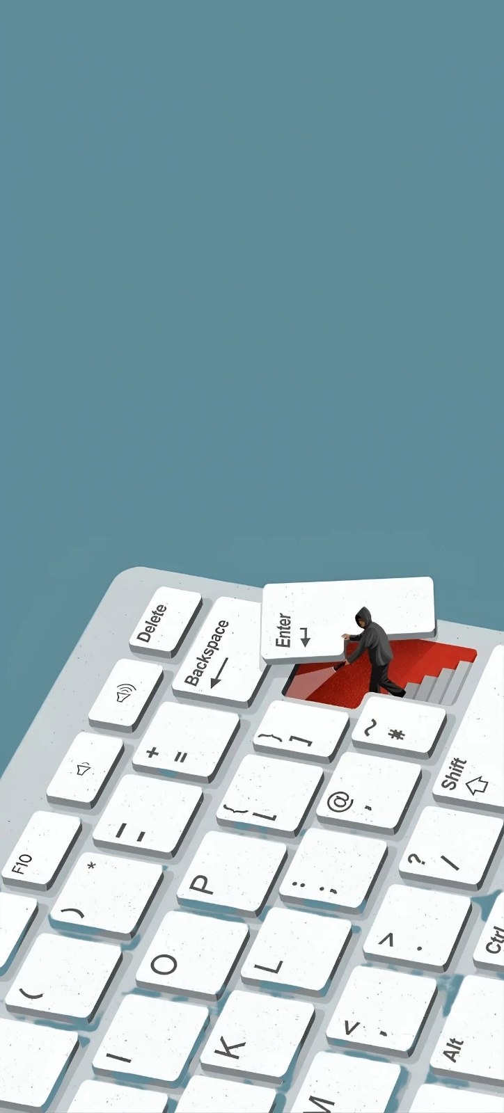 A tiny figure lifts the Enter key on a giant keyboard