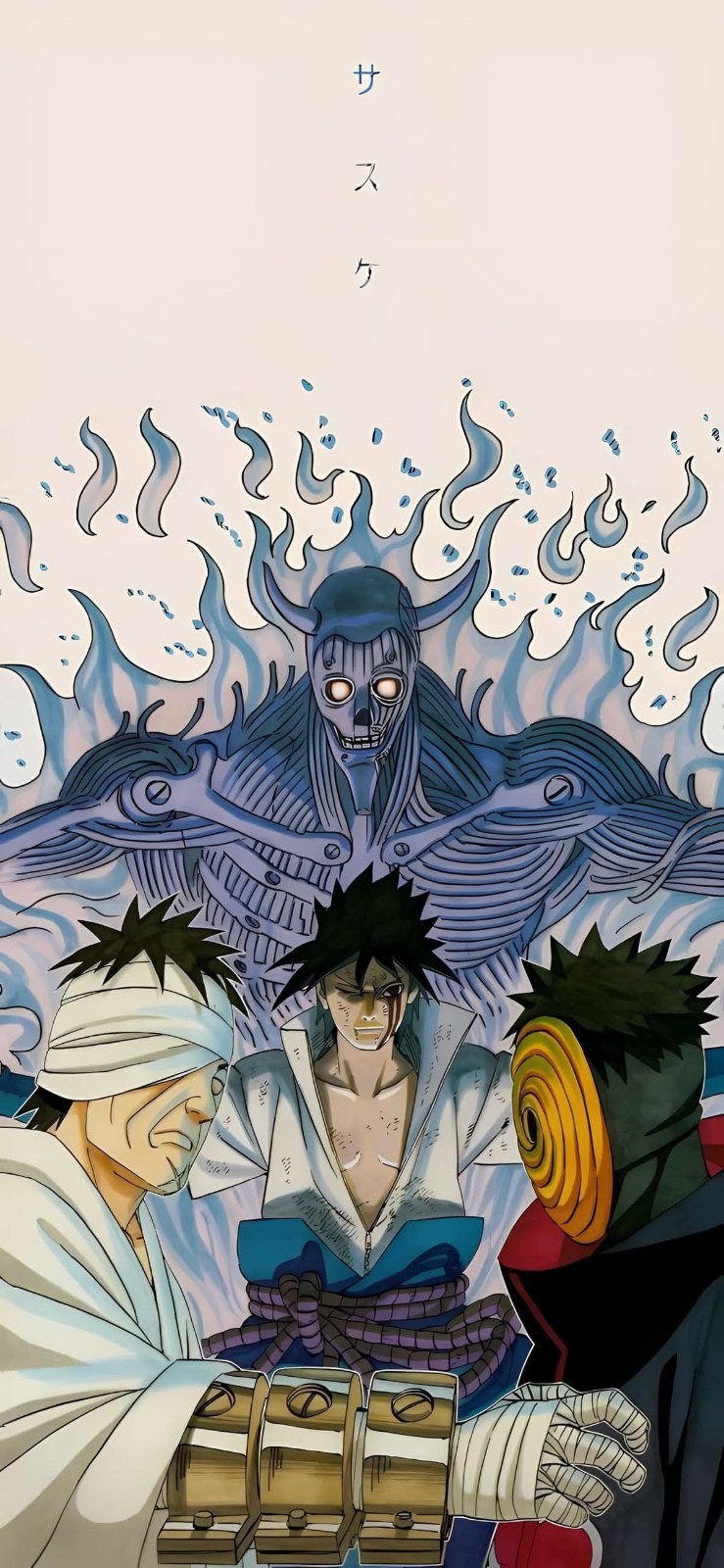 Three male characters face a giant skeleton