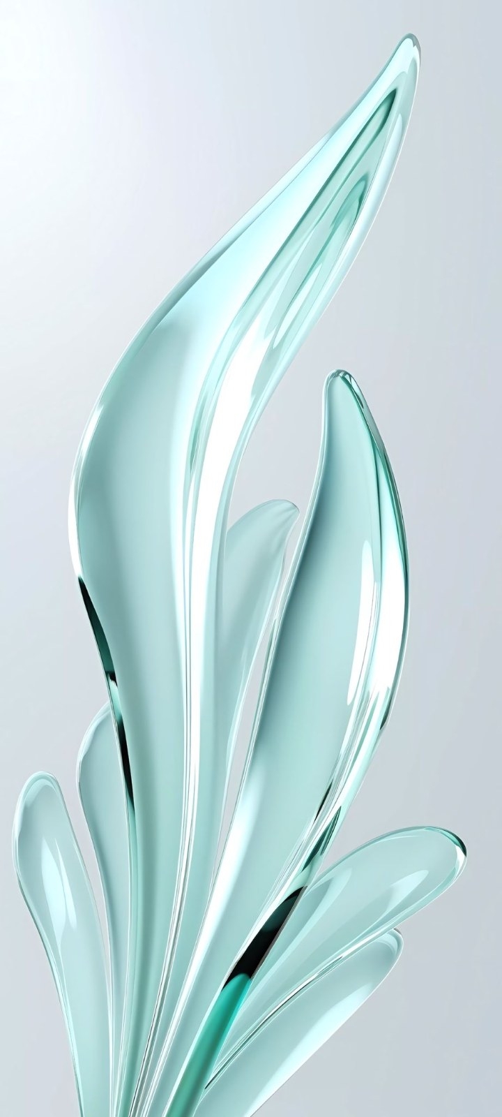 Abstract glass-textured leaves in pale blue and mint green stretch upward in a streamlined shape