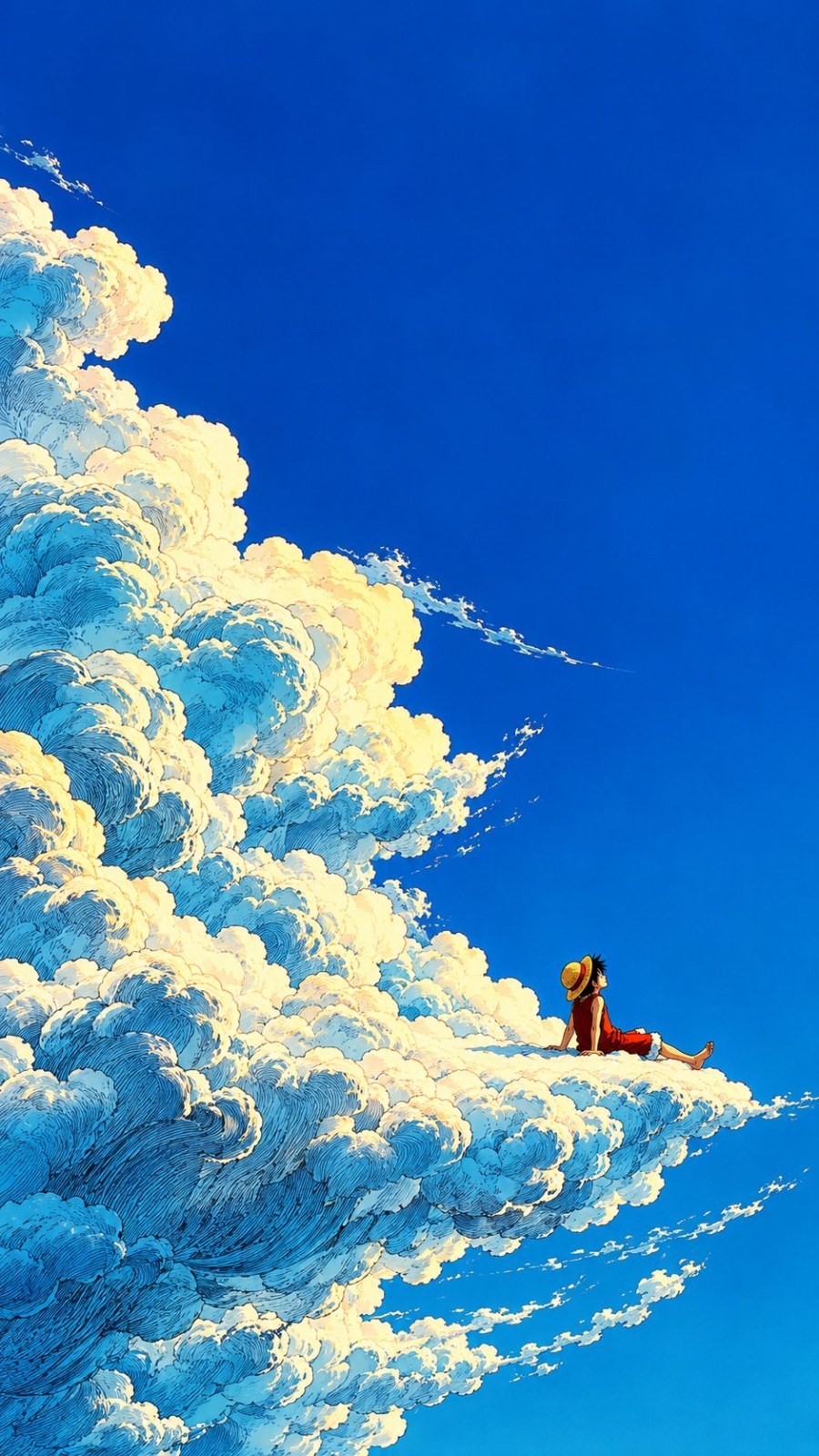 A boy wearing a straw hat, red vest, and shorts sits at the edge of the clouds gazing at the sky