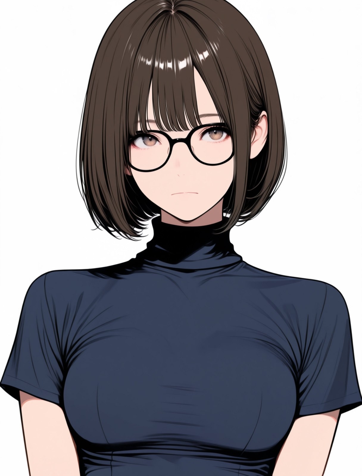 A woman with short brown hair and bangs wearing black round glasses and a dark blue turtleneck short sleeve top