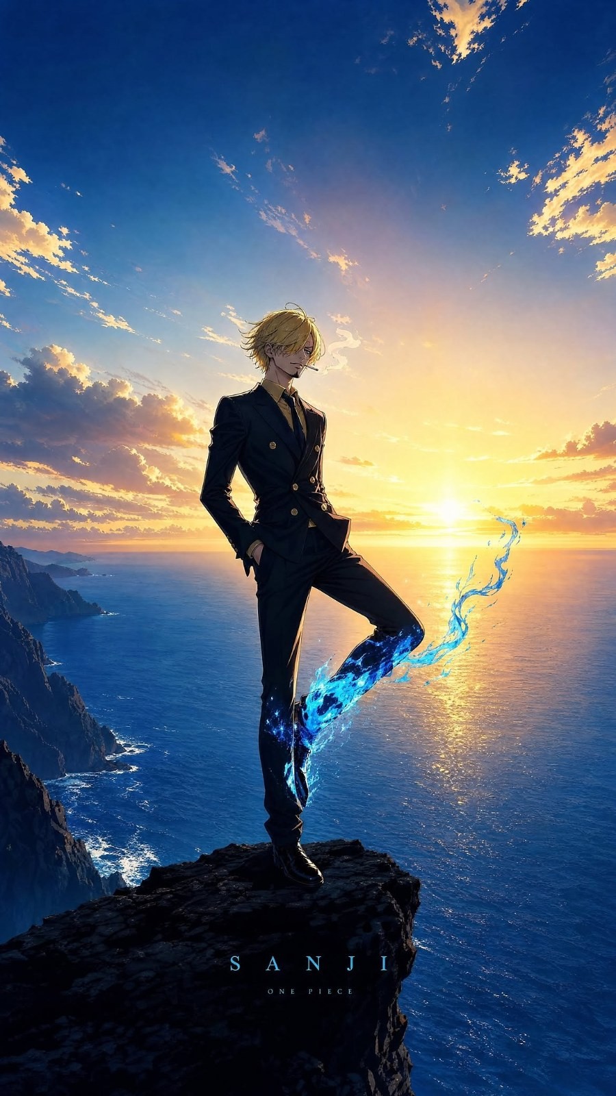 A blond man in a black suit is kicking at the edge of a seaside cliff