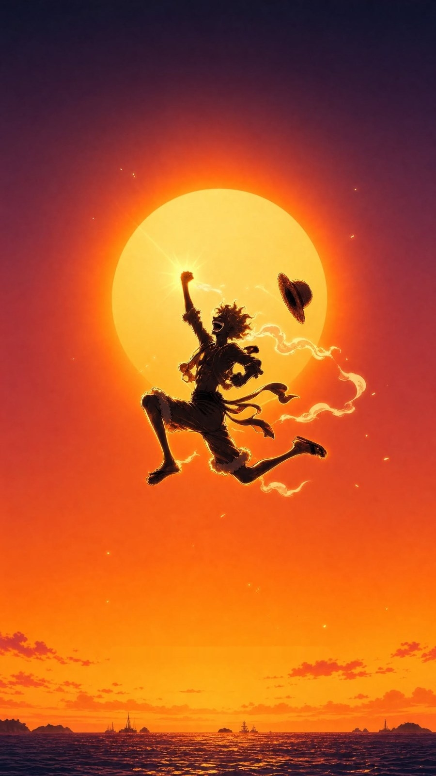 A male character jumps in front of the sunset, black silhouette, with fluffy hair, wearing an open coat and shorts in a dynamic pose