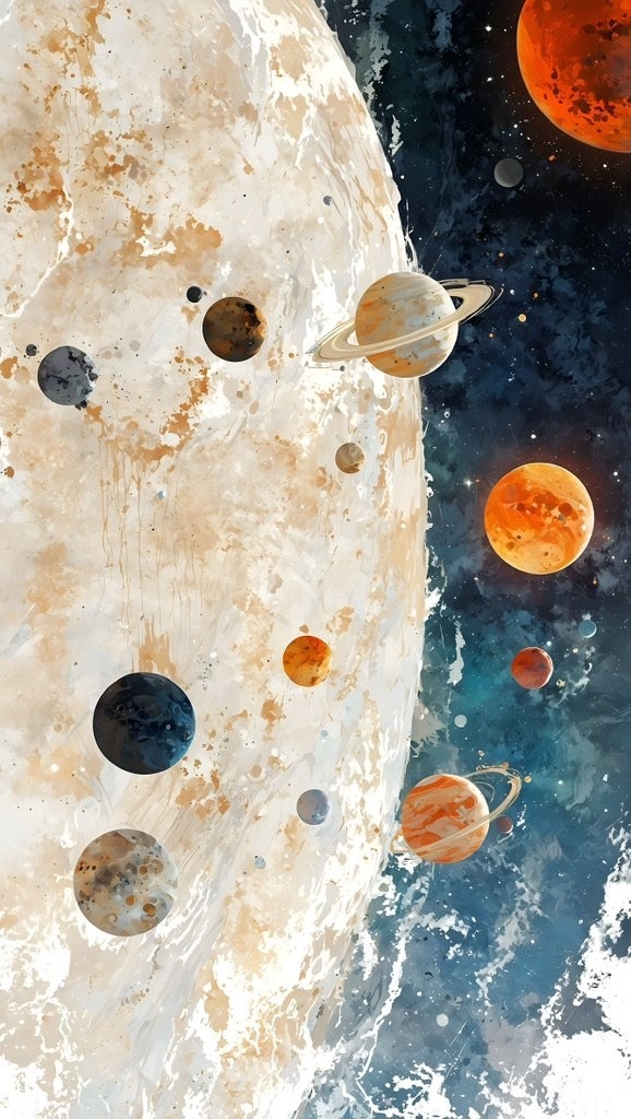 画面左侧是一颗斑驳的浅色巨行星及其周围多样的小型天体