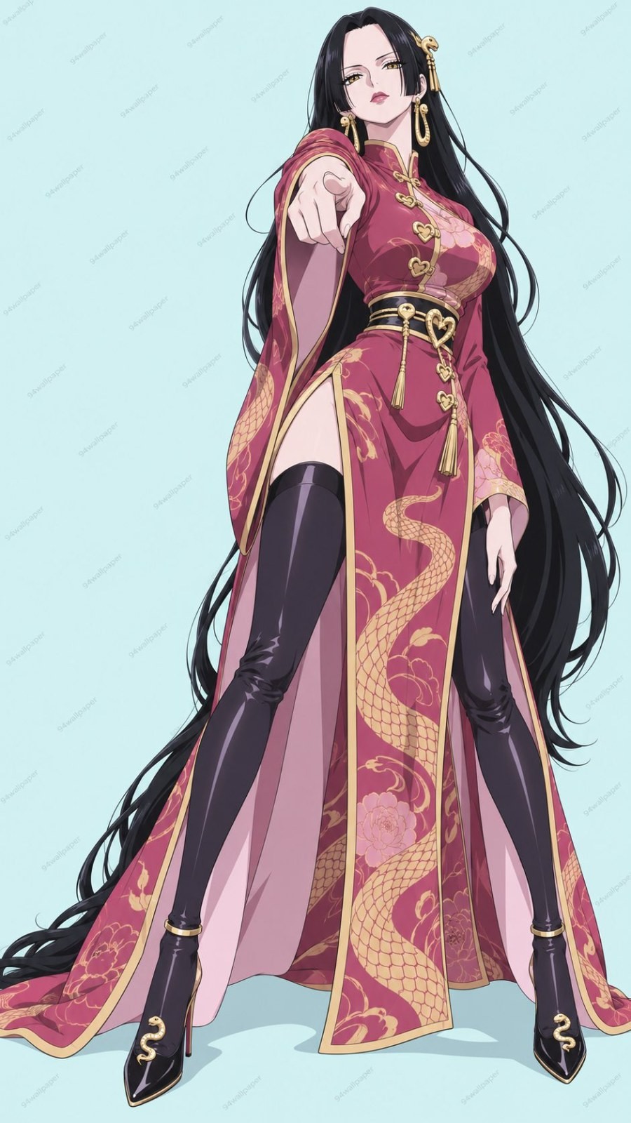 A woman wears a wine-red traditional robe paired with black long boots