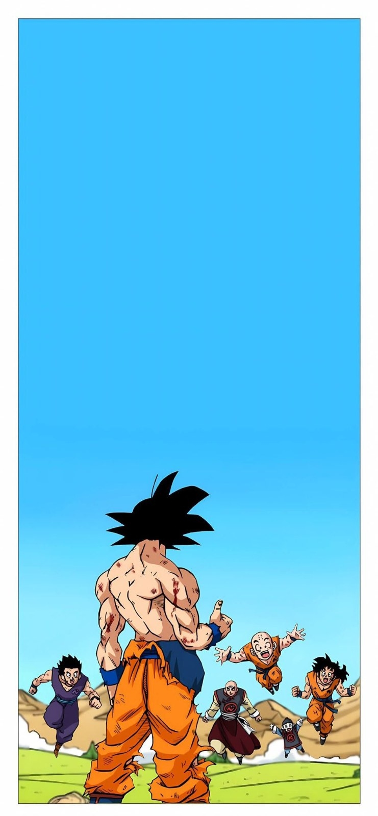 A tall man and five jumping characters reunite in a blue sky and green meadow