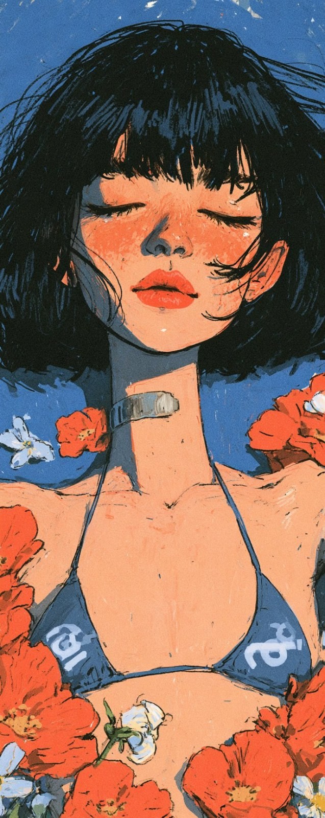 A black-haired woman in a close-up against a night sky backdrop wears a dark blue bikini with white lettering and a silver necklace, surrounded by bright flowers