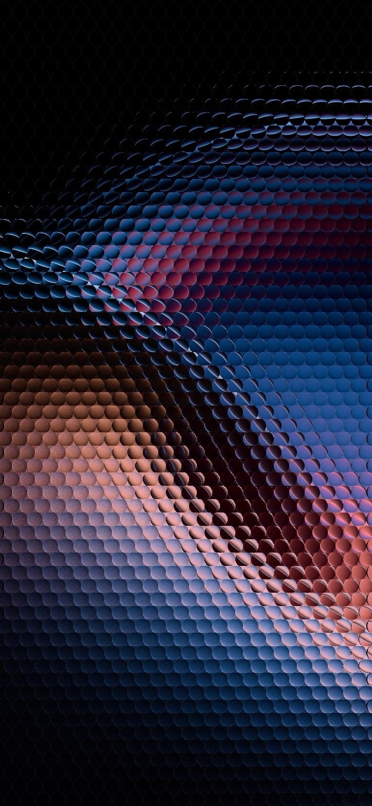 An abstract 3D surface composed of densely arranged oval scales showcases a gradient of blue-purple and warm orange-red