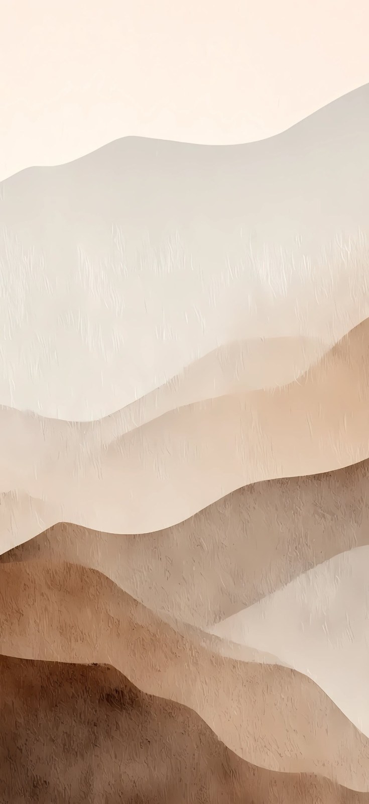 This abstract painting depicts a layered mountain landscape