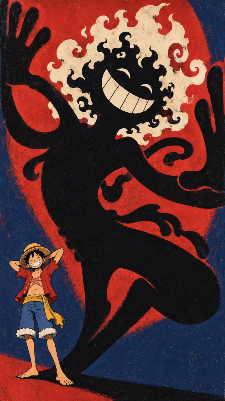 The scene shows a boy laughing with a giant black silhouette