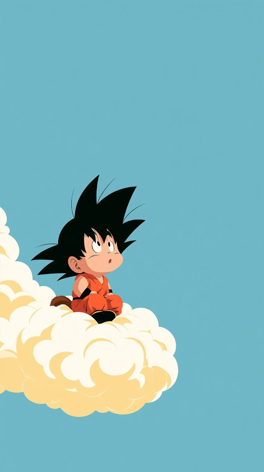 A cartoon boy in an orange martial arts outfit sits on a cloud flying