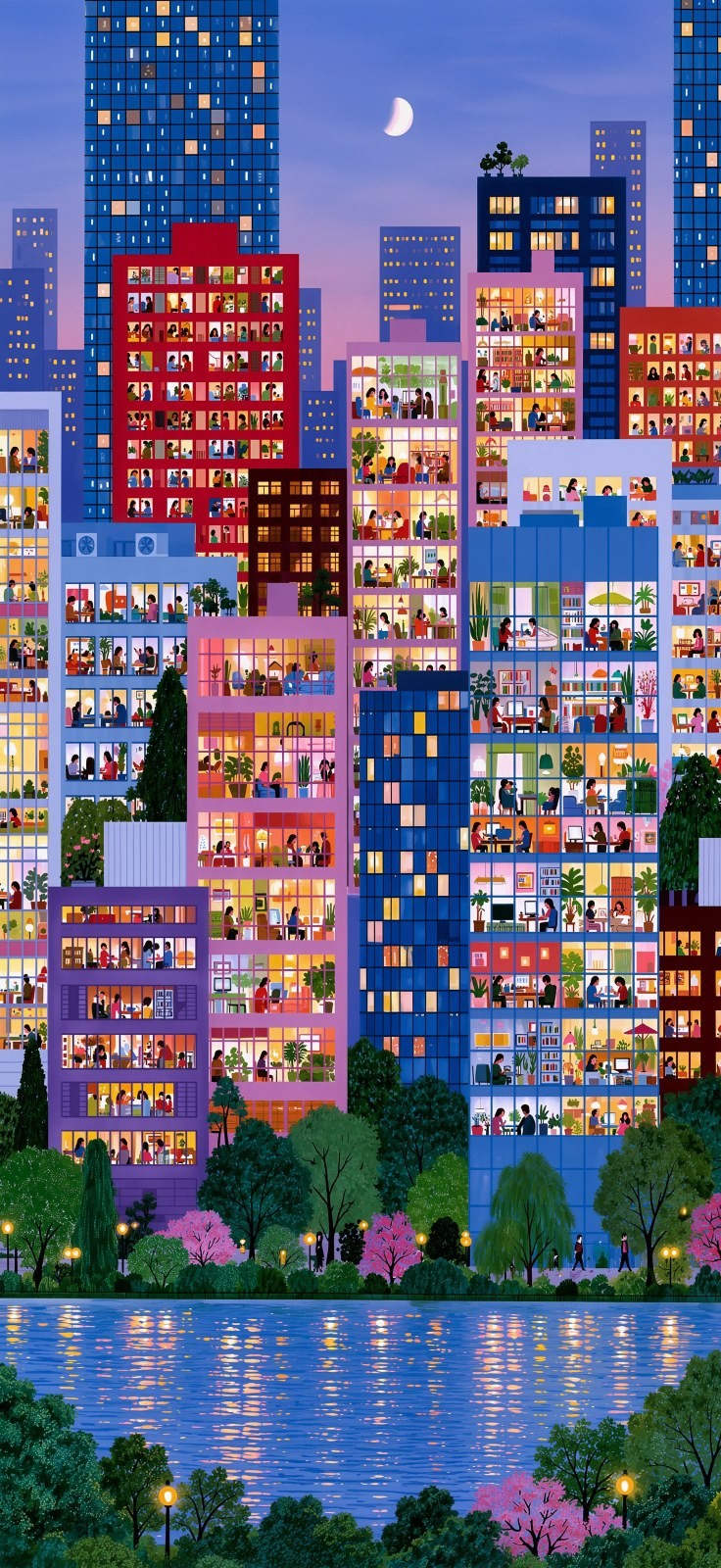 The urban night scene shows high-rise buildings and daily life settings