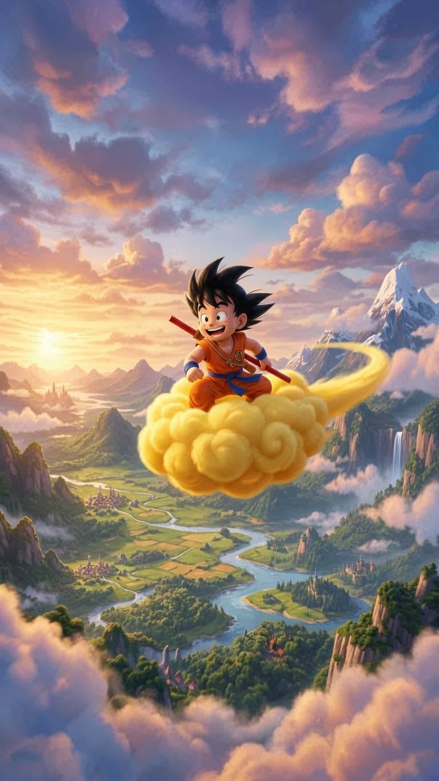 A boy in an orange martial arts outfit flies on a golden cloud with a red staff and a bright smile