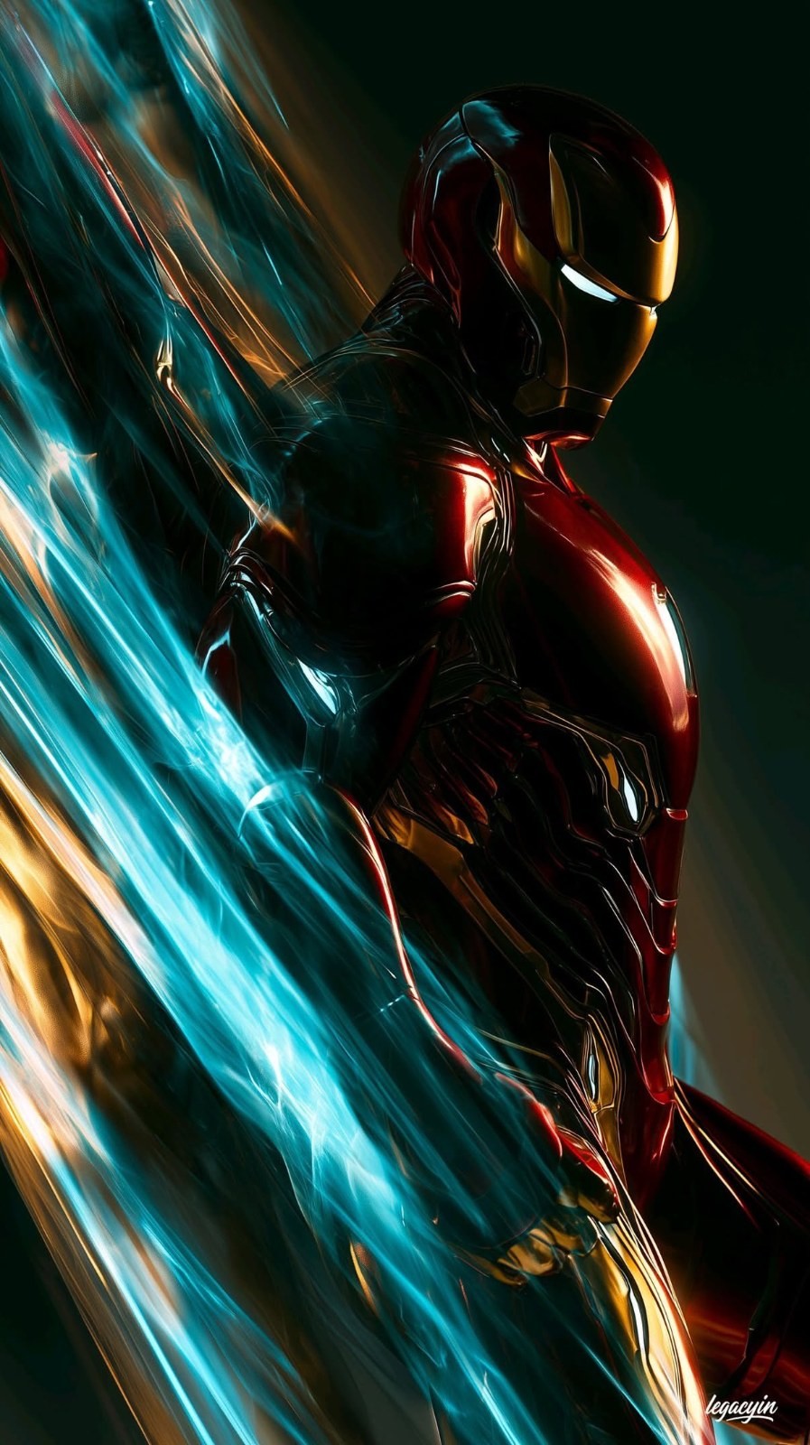 A character in red and gold high-tech armor stands in the center